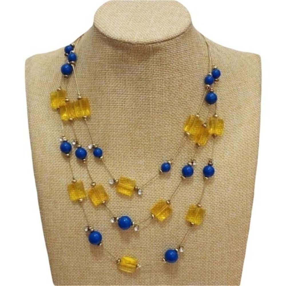 Treska Blue Yellow Multi Strand Layered Statement Necklace Gold Tone Rhinestones - Picture 1 of 6